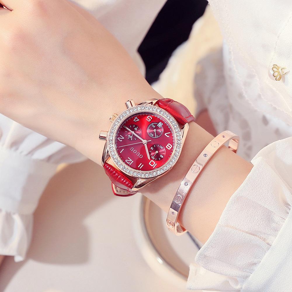 

Женские часы многофункциональные три глаза с календарем кварцевые большой циферблат горный хрусталь модные часы для женщин