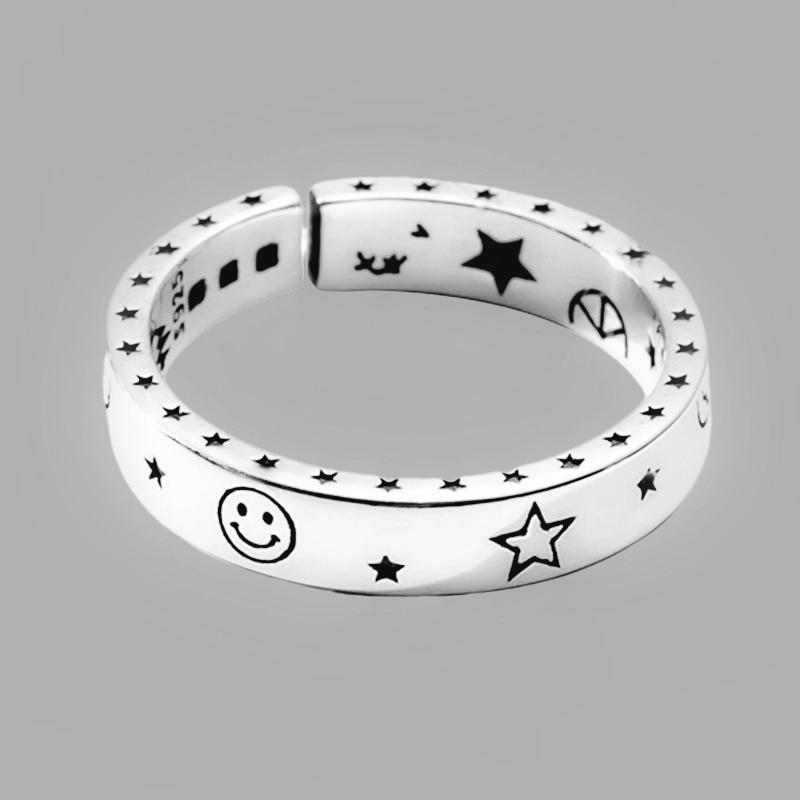 925 Sterling Silver Women Moon Star Open Ring Smiling Face Finger Rings Lady Vintage Fine Party Jewelry Gift