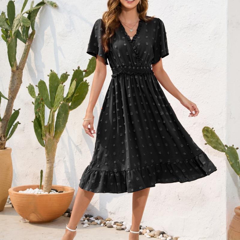 GMXIA Šaty s véčkovým výstřihem a vysokým pasem s kravatou do vlasů Šaty s krátkým rukávem Neformální prázdninové cestovní šaty