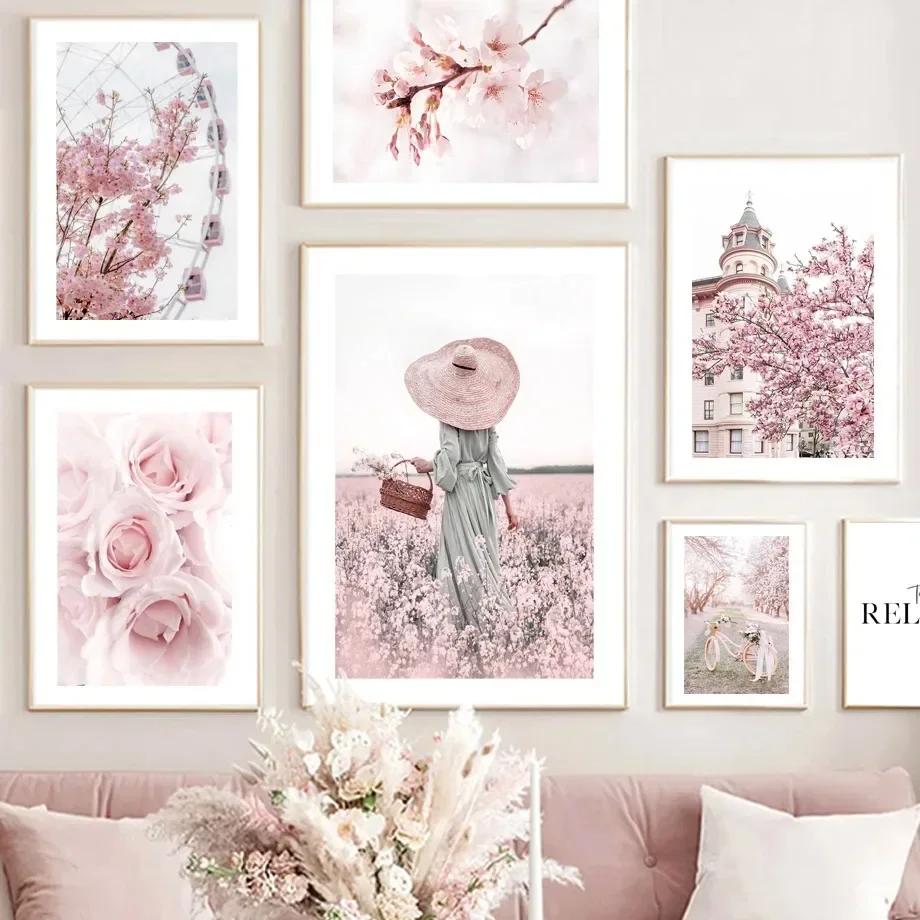 Wall Canvas Pink Sakura Rose Tulip Flower Landscape Nordic Posters And Prints Wall Pictures For Living Room Decor
