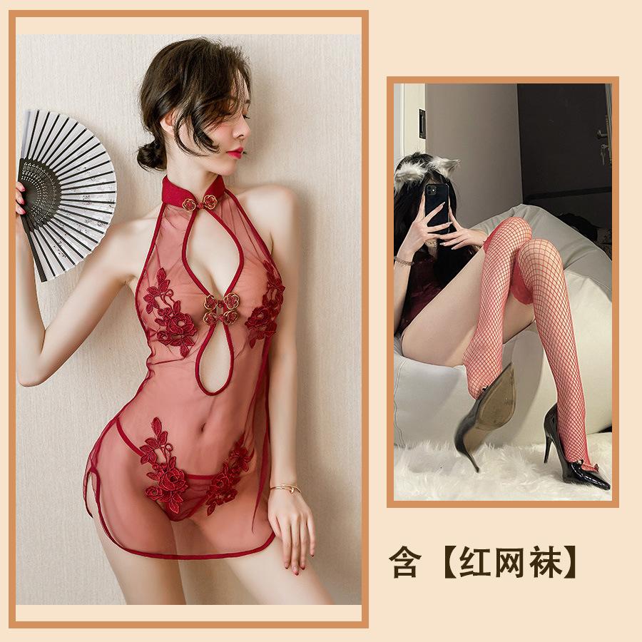 Sexy Sexy Lace Slit Free Uniform Mesh Classical Embroidery Cheongsam Temptation Perspective Set