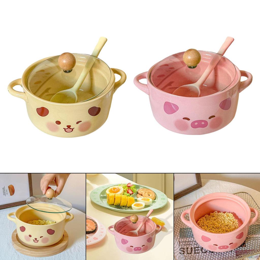 Ceramic Ramen Bowl with Lid, Soup Pot , Cute Design for Home, Student Dorm, Gift, Office