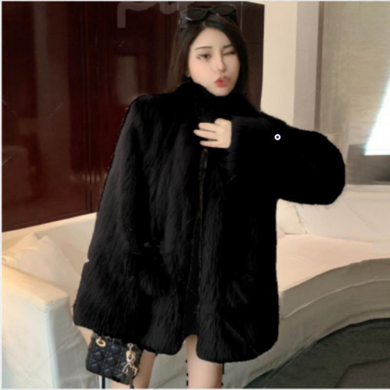 

Зимнее новое пальто из искусственного лисьего меха женское милое с помпоном легкое пушистое теплое пальто XL чёрный