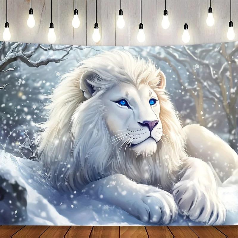 Modern Art White Lion Blue Eyes Snow Scene Winter Tapestry For Living Room And Bedroom Wall Decor Tapestry 100X70CM