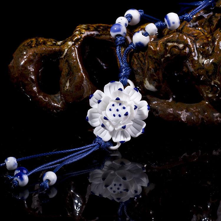 Classical Ceramic Blue and White Porcelain Peony Flower Necklace Women's Literary Retro Versatile Long Sweater Chain Accessories