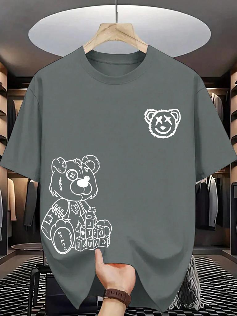 2026 Summer New Style Unisexs Pure Cotton Tshirt with Simple Bear Pattern Print Street Casual Fashion Comfortable and Soft