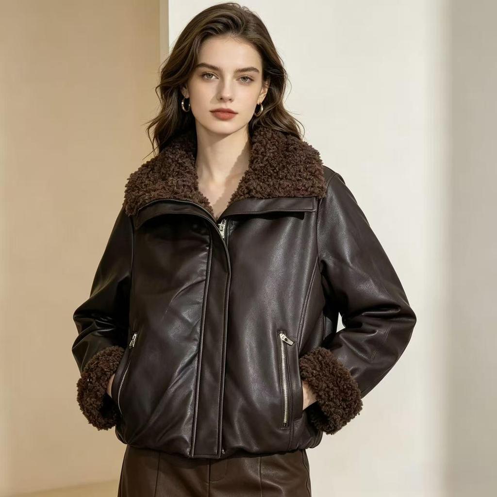 Stylish Women's Lambswool & PU Leather Patchwork Jacket - Winter 2026 Slim Fit Padded Lapel Coat