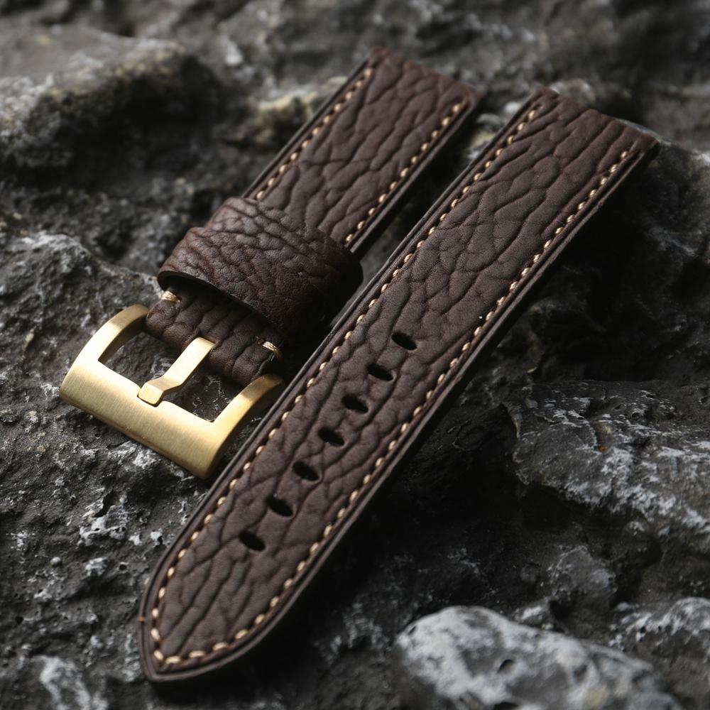 Classic Sharkskin Genuine Leather Watch Band 20 22 24MM Bronze Watch Accessories Buckle, High-end Genuine Leather Bracelet, Pure Bronze