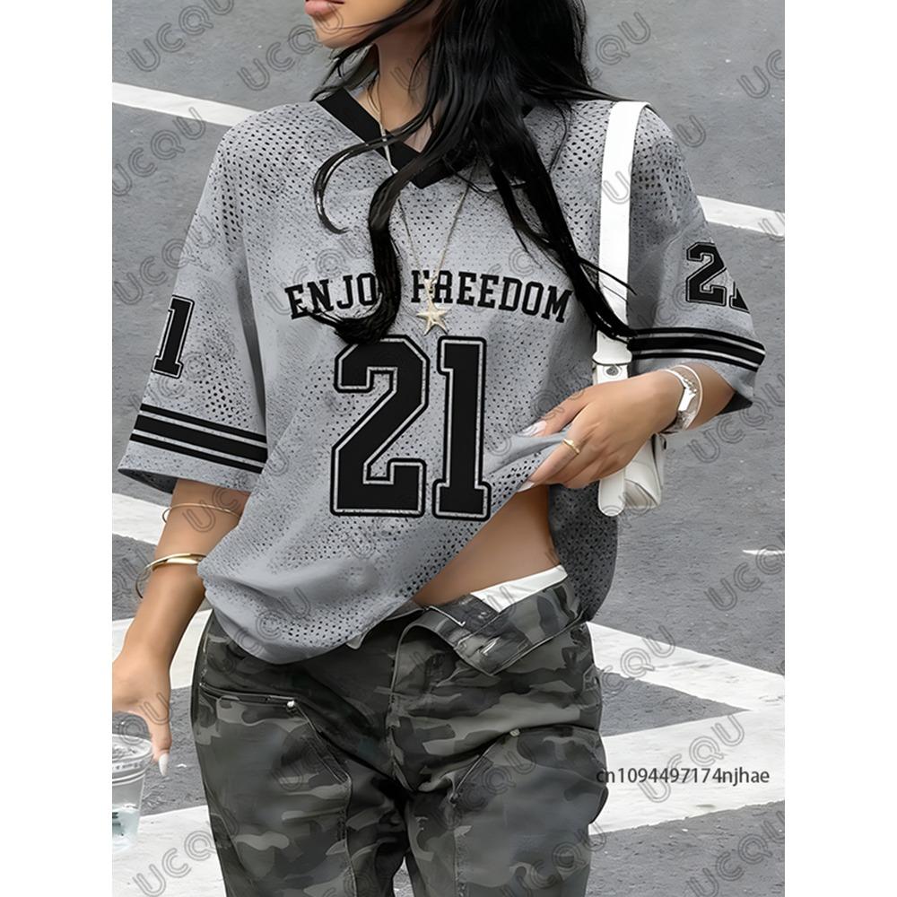 Summer New Black Enjoy Freedom 21 Print T-Shirt For Women V-Neck Short Sleeve Sports Football Jersey Y2K Loose Oversized Tops