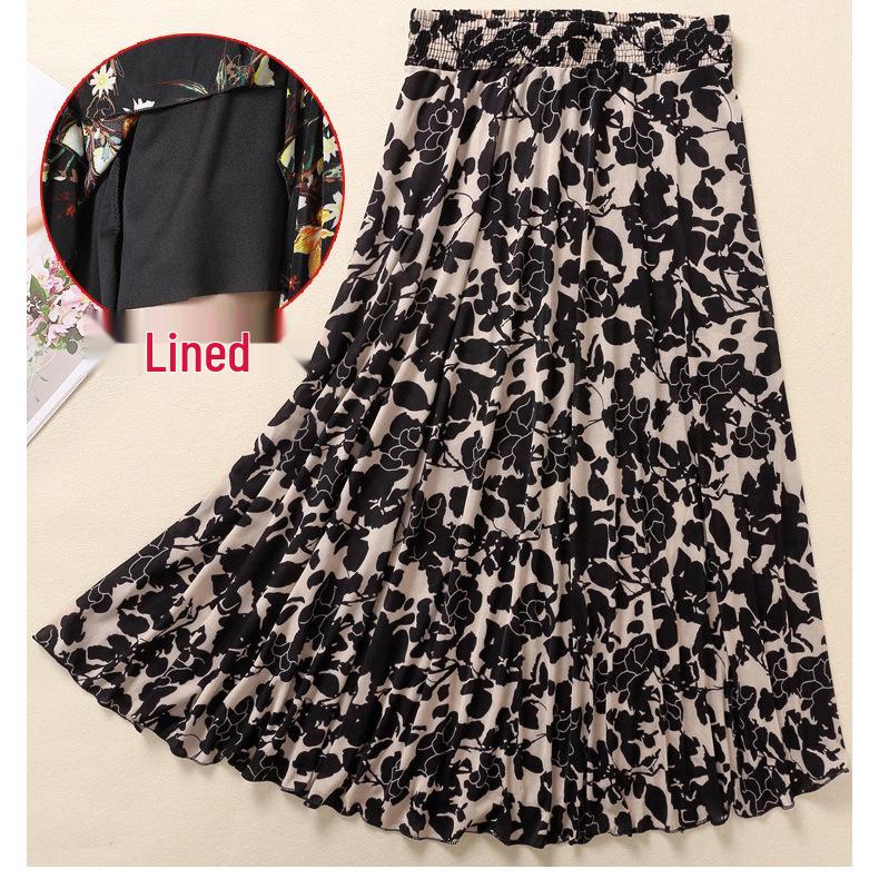 Women's Summer Midi Skirt with Lining - Elegant Swing Ice Silk for Middle-Aged and Elderly