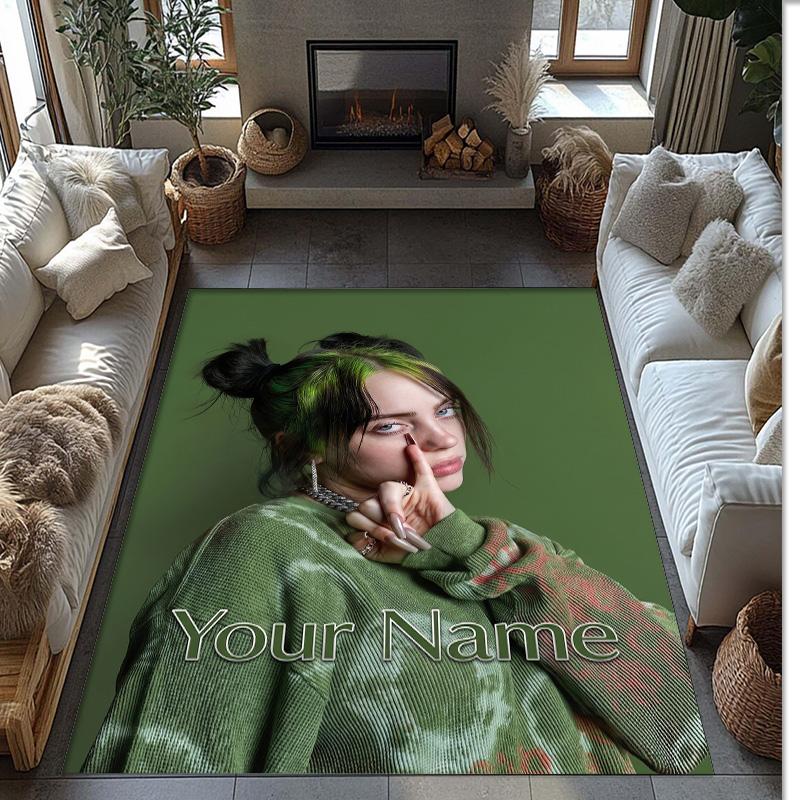 Tappeto in Velluto Cristallo Billie Eilish, Tappetino Antiscivolo Personalizzato con Testo Nome per Arredamento Casa Regalo