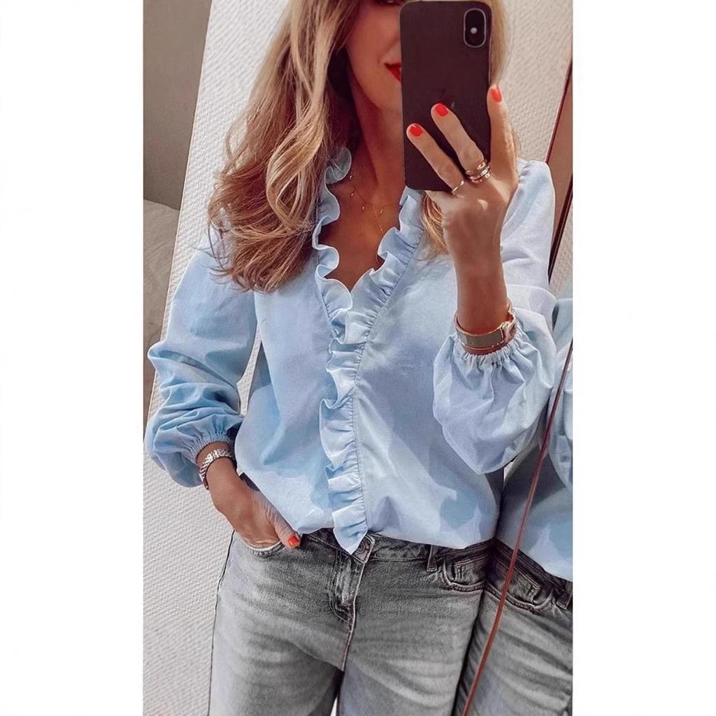 New European & American Style Women's Casual Solid Color Long Sleeve Ruffle Trim V-neck Blouse Top