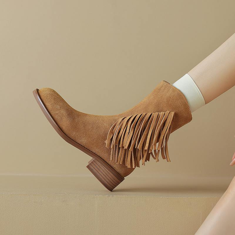 Krazing Pot Cow Suede Nubuck Autumn Winter Shoes Med Heels Size 42 Modern Boots Round Toe Zipper Tassel Ankle Boots