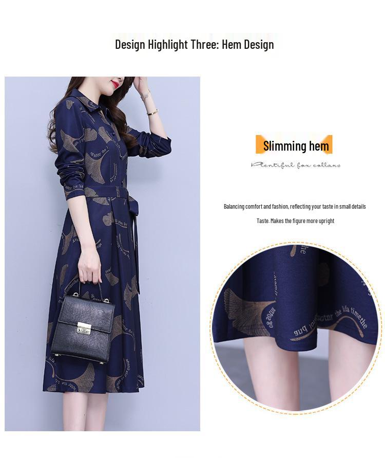 Elegant Floral Waist-Cinched Dress for Middle-Aged Women – Slimming Autumn/Winter Style