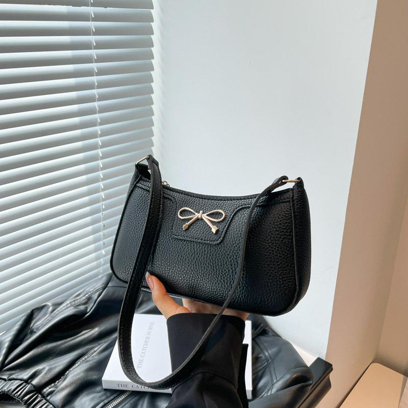 

Solid color new fashion bow trendy texture commuting shoulder underarm bag women чёрный