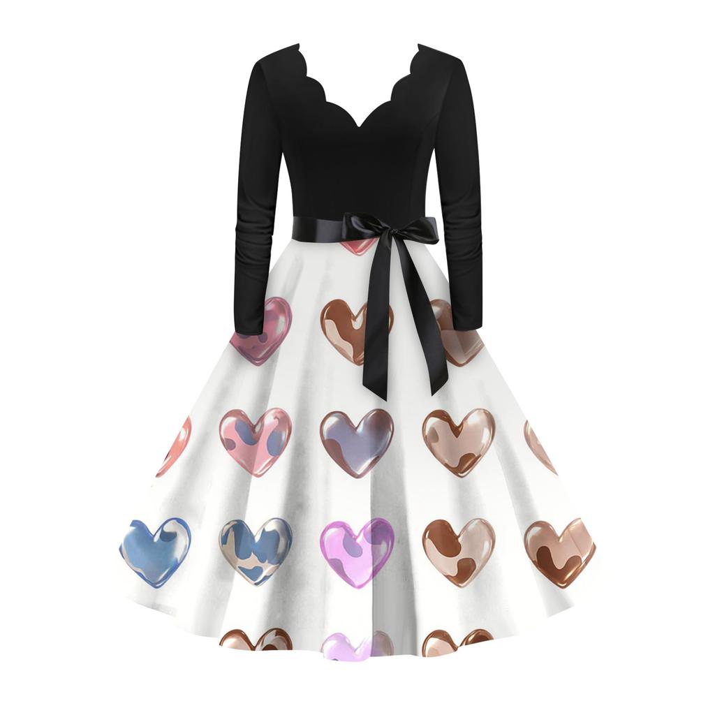 Women's stylish and elegant long,sleeved V,neck heart,shaped dress for Valentine's Day