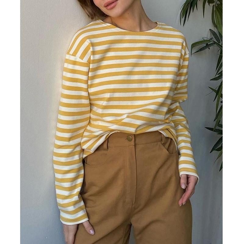 

Hirsionsan, осенняя полосатая свободная футболка с длинными рукавами, женская повседневная винтажная базовая футболка из мягкого хлопка, женские трикотажные топы в стиле Харадзюку 2022 S жёлтый