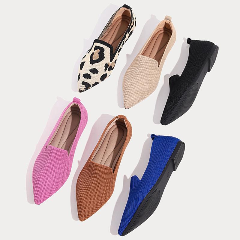 Fashion candycolor knitted flats women pointy leopard weaving ballerina shoes shallow mouth women loafers stretch fabric big size 43