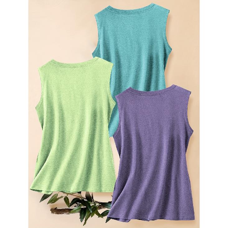 Three-piece Set of Women's Casual Sporty Tops with Landscape, Tree, Sun, and Mountain Peak Prints In a Fashionable Retro Style, Round-neck Tank Tops