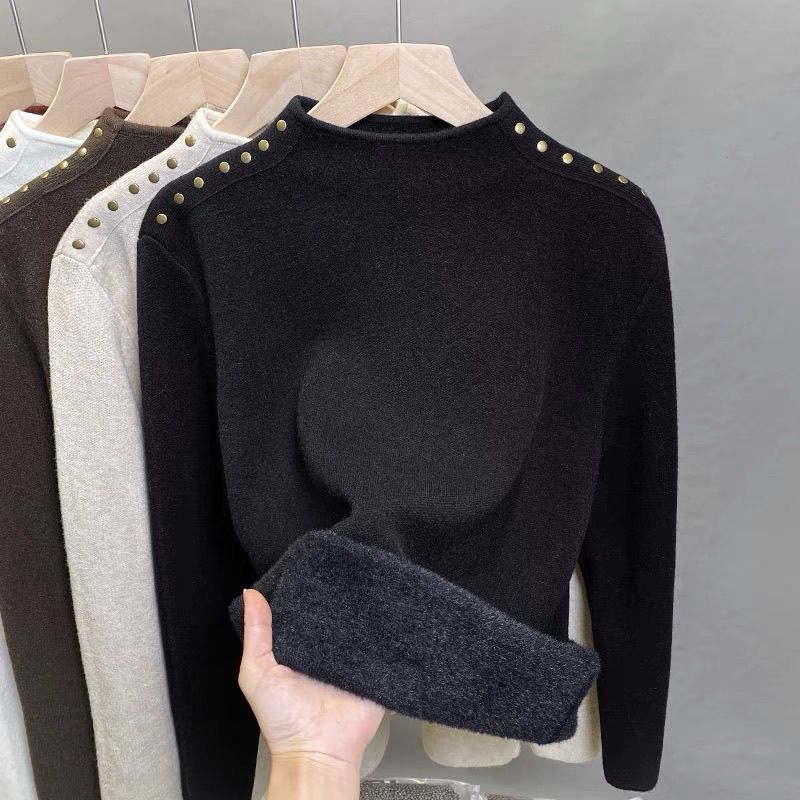 One Piece Velvet High Neck Sweater with Thick Velvet Base for Women Winter Rivet Knitted Sweater with Inner Top
