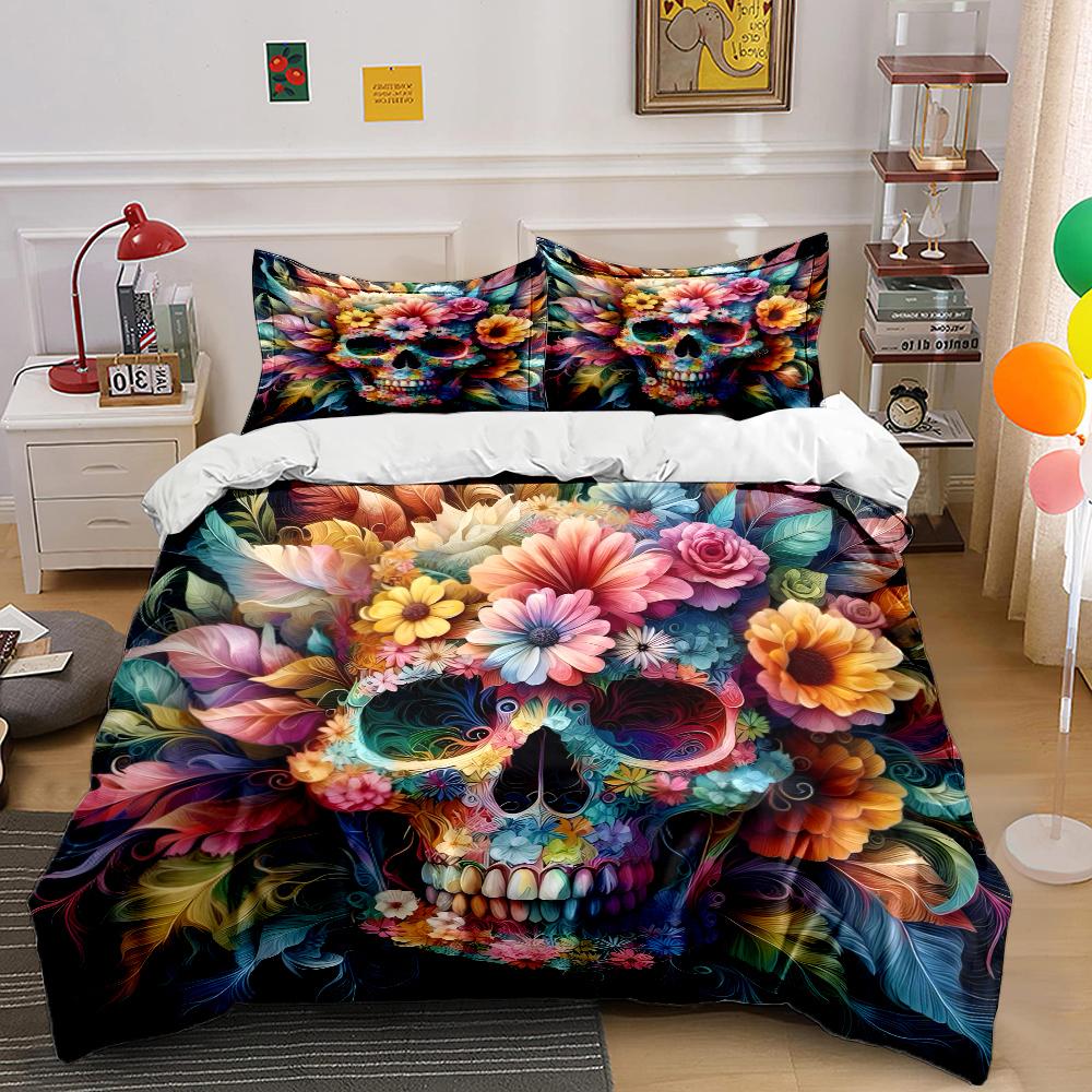 Colorful Floral Skull Decoration Print Bedding Set 1 Duvet Cover 2 Pillowcases For Adult And Children Luxury Gift Full Size