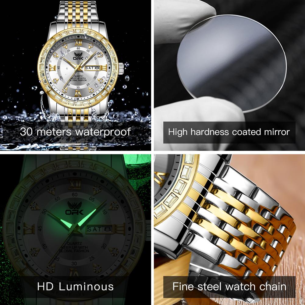 OPK 8174 Quartz Watches for Men Fashion Diamond Bezel Auto Date Week Waterproof Luminous Classic Business Men's Wristwatches
