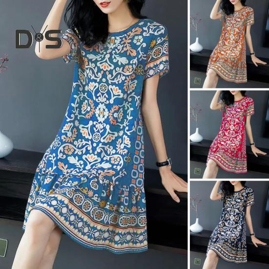 Letní dámské šaty s kulatým výstřihem Poloviční rukávy Retro potisk A-line Velký lem Délka ke kolenům Volné Běžné Denní nošení Dovolená Midi Šaty