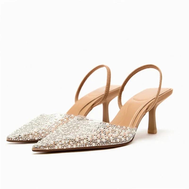 Women's Pointed Head High Heeled Sandals Summer 2024 Sexy Woman Shoes Fashion Pearl Decoration Slingback Woman Pumps