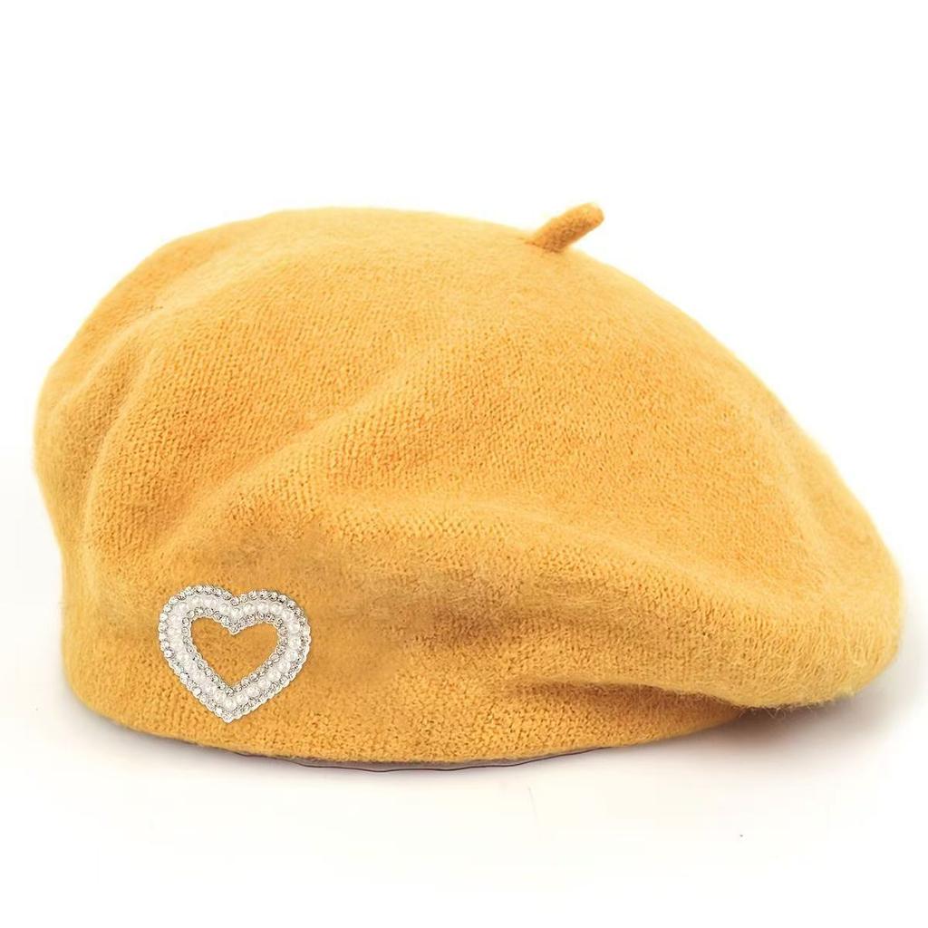New autumn and winter wool beret women's pearl love rhinestone French face small warm painter hat