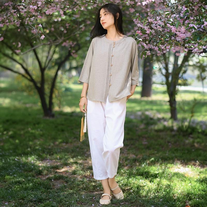 Johnature Dámská pletená trička Jednobarevná s kulatým výstřihem Jarní Sedmirukávová Knoflíková Skládaná Ležérní Trička