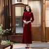 Embroidered burgundy velvet national style new Chinese Suzhou long-sleeved improved cheongsam women's senior feeling happy mother-in-law wedding dress