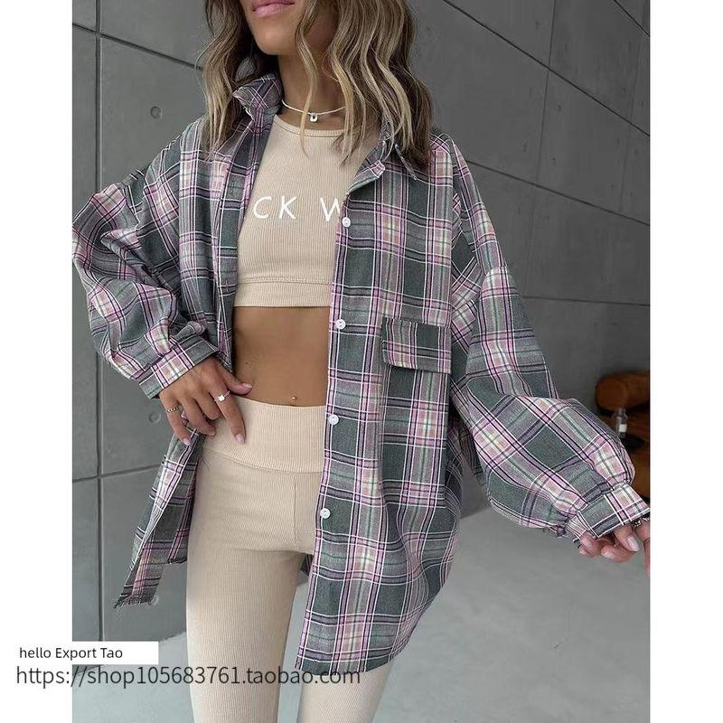 Fashion Style Retro Loose Lapel Versatile Cardigan Plaid Shirt Loose Cardigan Plaid Shirt