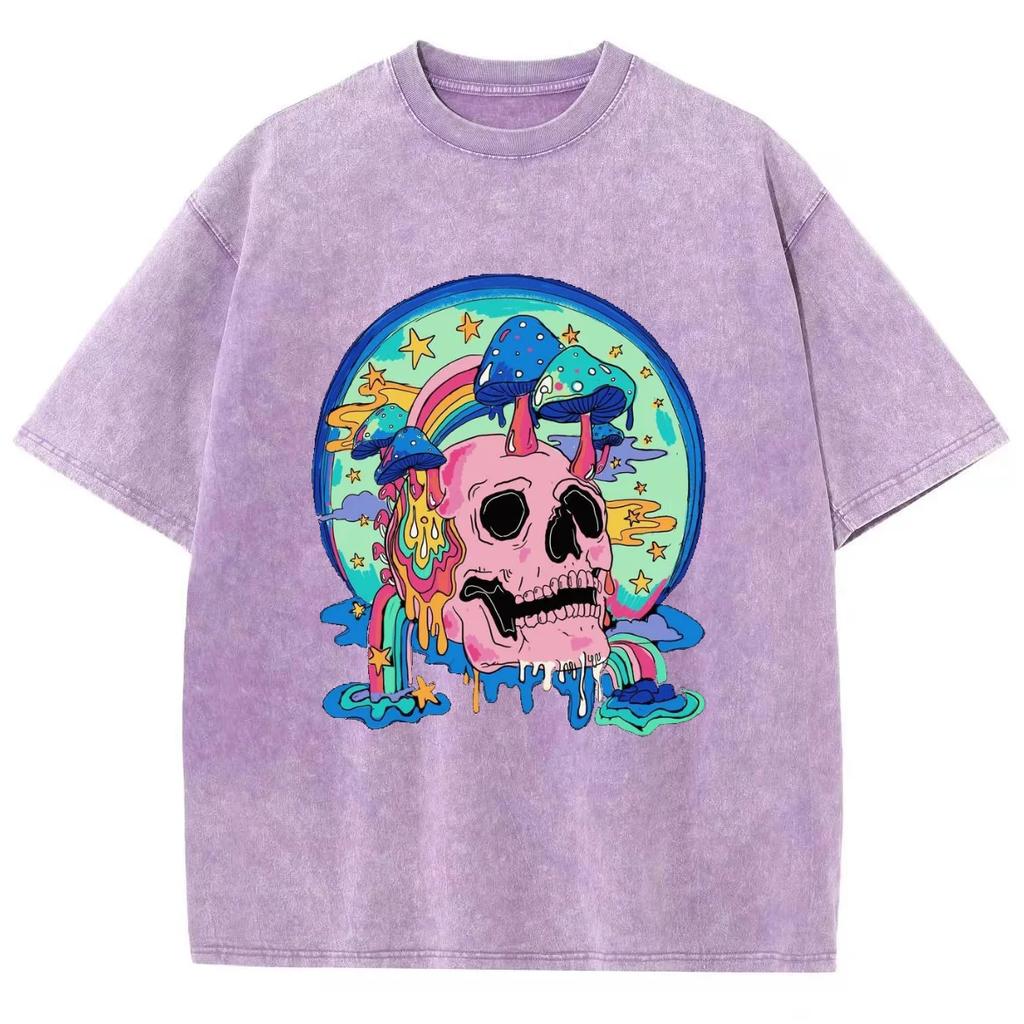 Funny Skull Print Ladies T-Shirt Unisex Wash Loose Oversized Short Sleeve Street Top Tee Summer