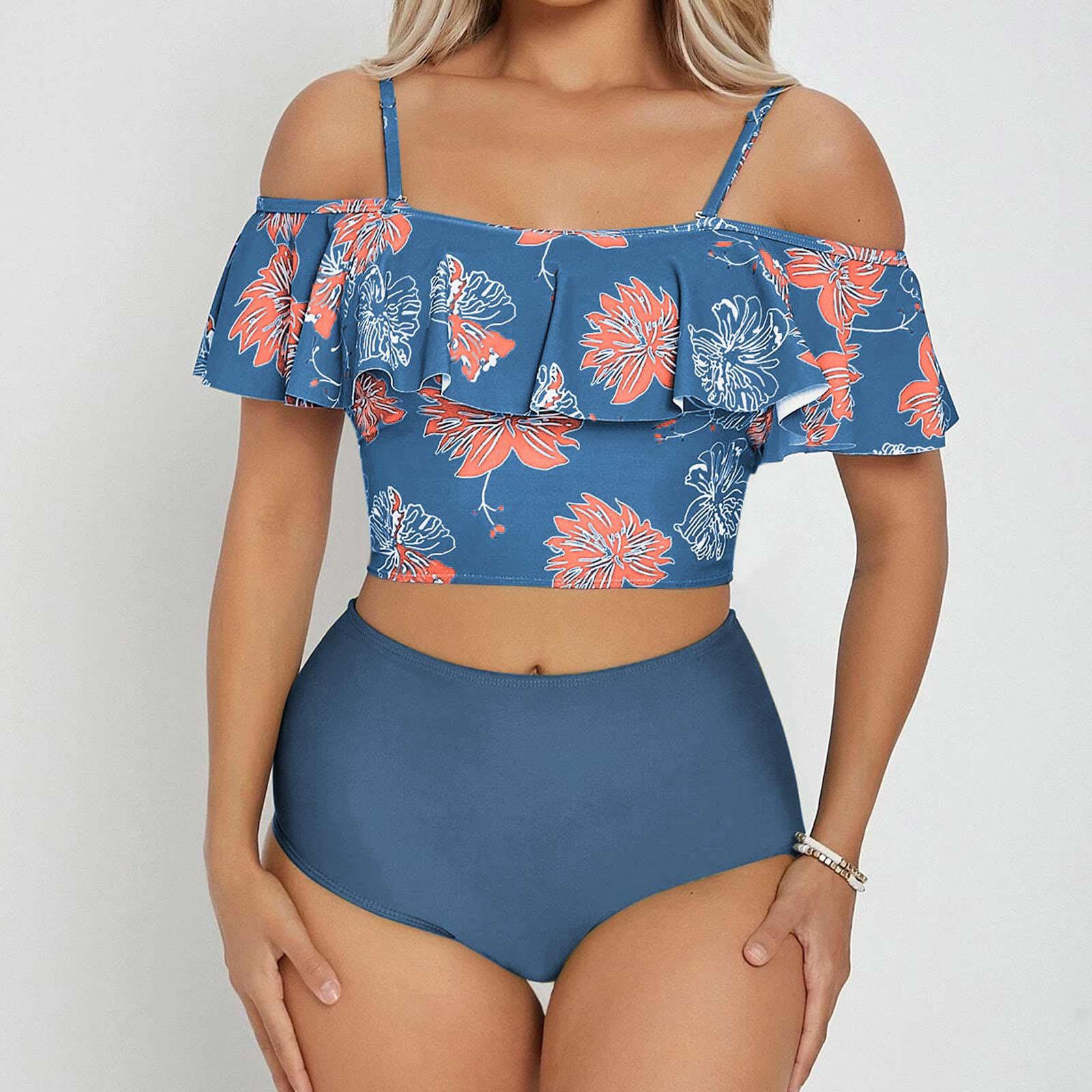 

Женская мода с рюшами и принтом бикини с высокой талией, сексуальный раздельный купальник XL синий