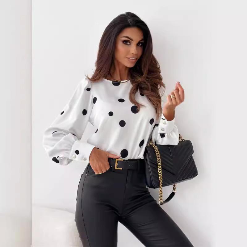 2026 Women's Autumn Round Neck Polka Dot Long Sleeve Top