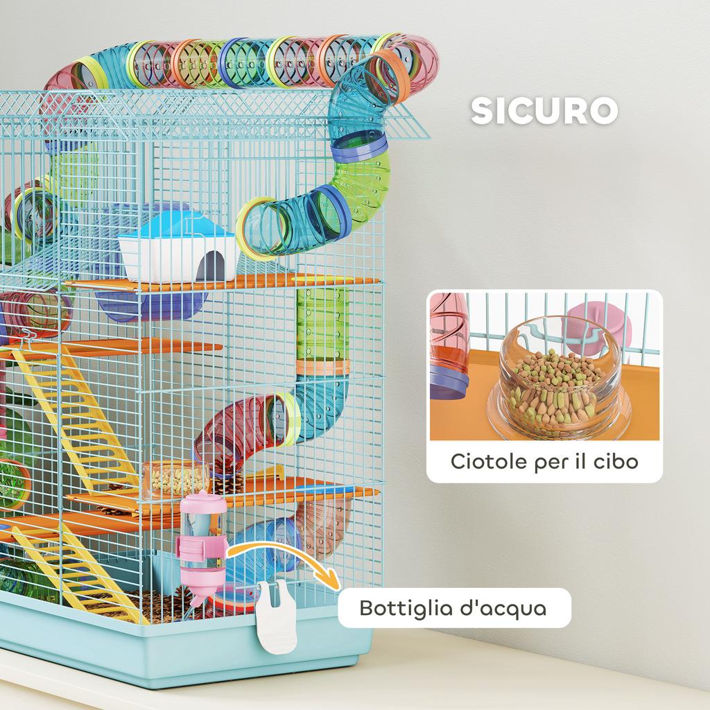 5-Tier Hamster Cage with Colorful Tubes, Wheel, House and Accessories, 47x30x59 cm, Blue