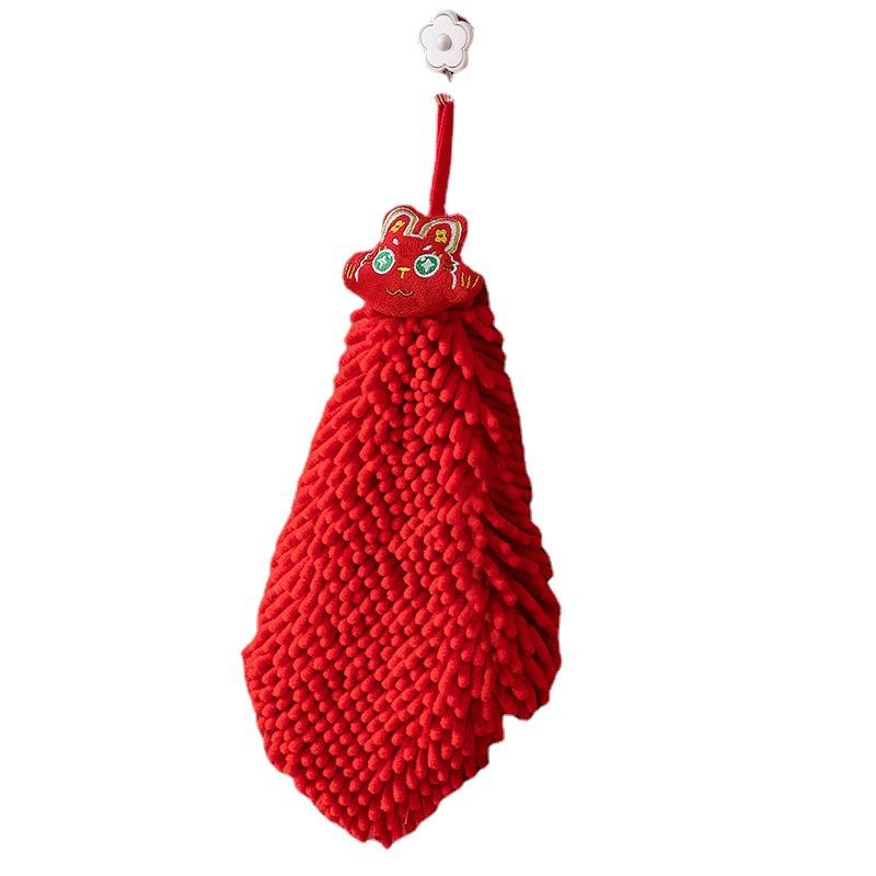 Chenille Rabbit Hand Towels, Hanging Kitchen Bathroom Hand Towels, Cute Cartoon Animal Design, Wedding, Festive, Red