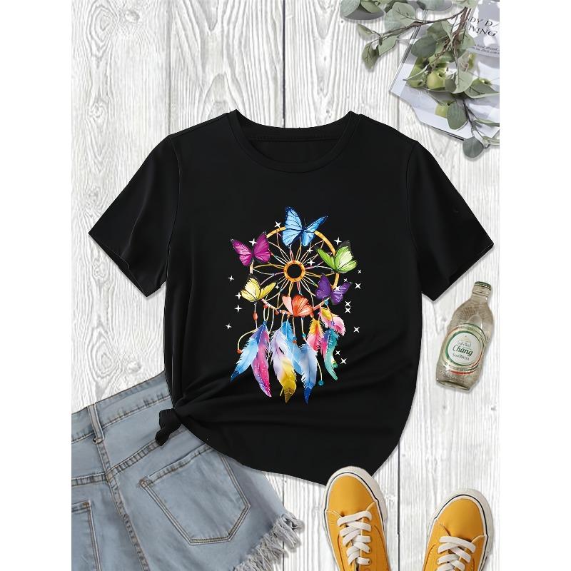 Butterfly Print Casual T-shirt, Polyester Blend Crew Neck Short Sleeve Tee for Women, Regular Fit, All Season, 180g/m² Knit Fabric