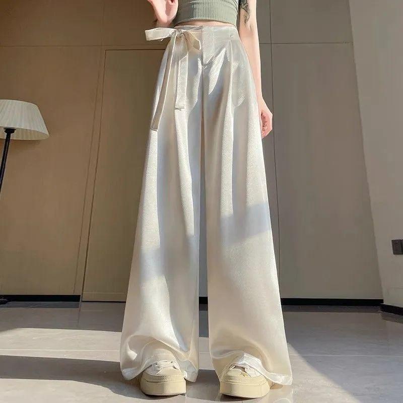 Women's Summer Acetate Satin Wide-Leg High-Waisted Pants with Tie-Up and Drape Design