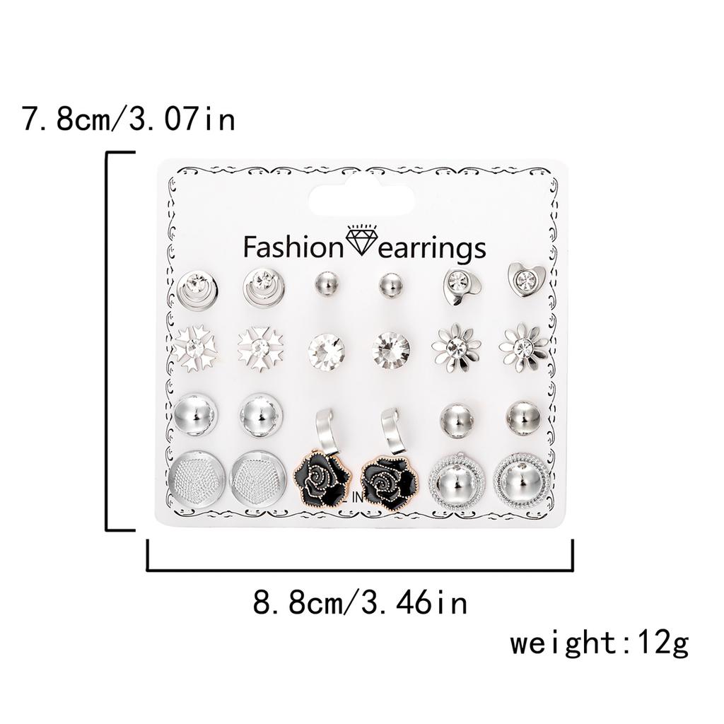 12Pairs/Set Fashion Geometric Stud Earrings Set For Women Love Heart Bowknot Rose Flower Star Moon Pearl Earrings Party Jewelry