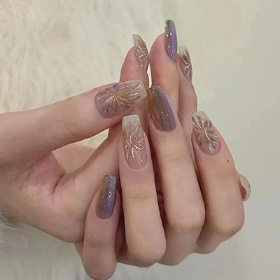24 Pièces Feux d'artifice Œil de chat Portant Ongle Amovible Feuille d'art d'ongle Feuille d'ongle Ongle de ballet Moyen T Faux ongle Art d'ongle en direct