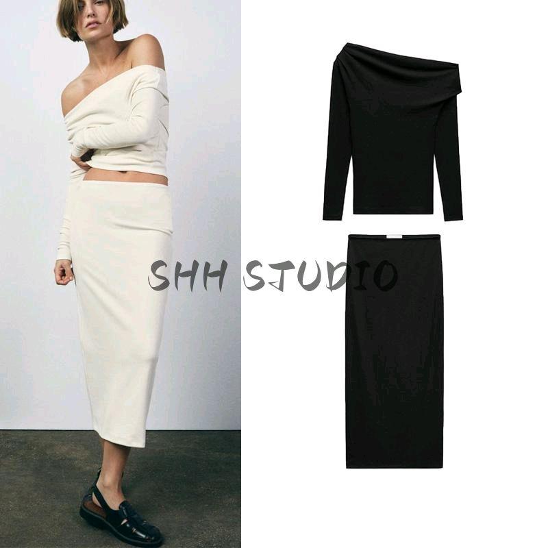 Spring New Women's Clothing Easiest for Match Midi Dress 0264323 Soft Asymmetric off-Shoulder Tops 0264322