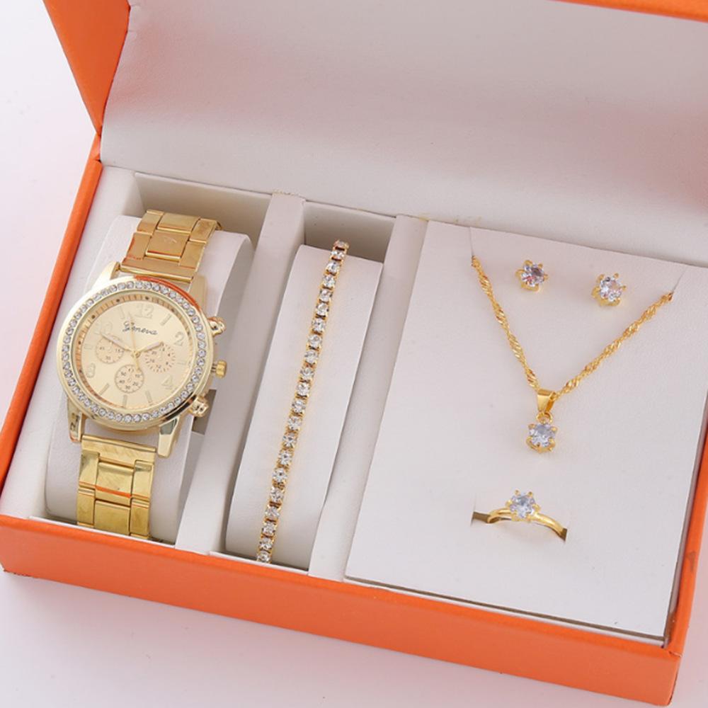 Popular Five-Piece Women'S Watch Three-Eye Set Quartz Diamond-Encrusted Watch Gift Bracelet Watch