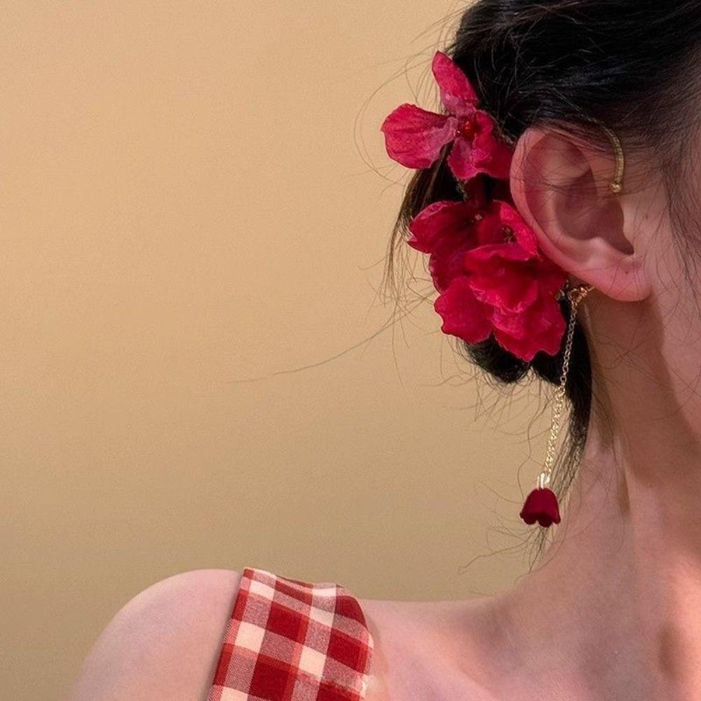 Sweet Gold Color Ear Hanging Red Flower Tassel Jewelry Accessories  for Women Girls