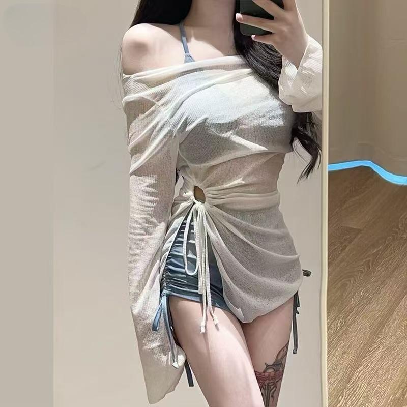 

2025 Tie-Dye Blue Sporty Split-Leg Bikini Cover-Up Set Extra Large синий