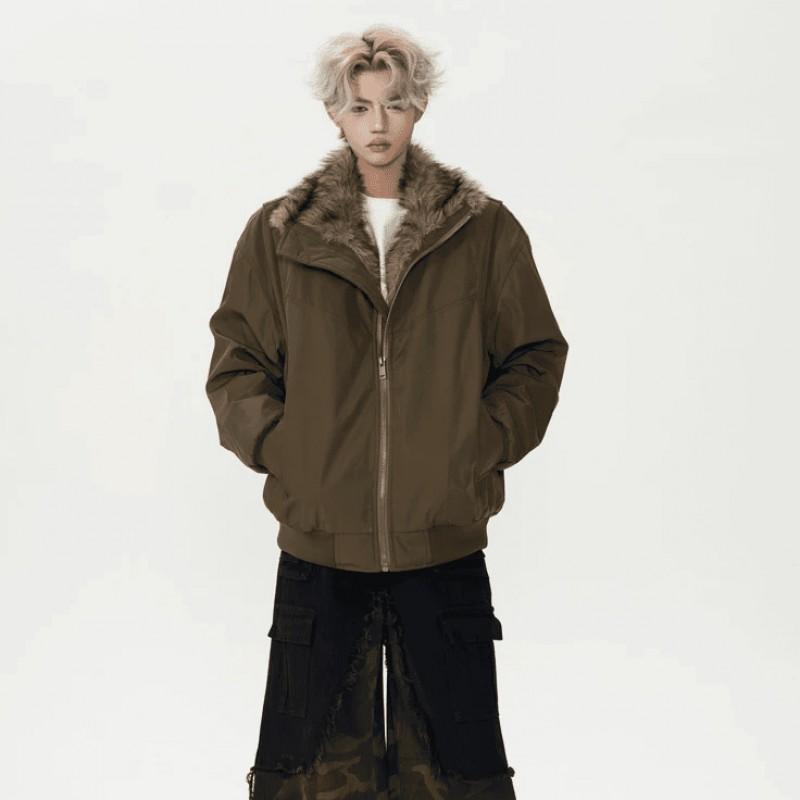 Mens Winter Hooded Thick Cotton Padded Jacket With Faux Fur Collar Loose Fit Warm Coat Daily Wear