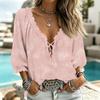 Women's Casual V-Neck Printed 3/4 Sleeve Blouse with Tie Front and Ruffled Trim