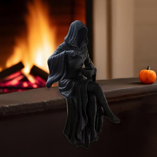 Black Hooded Robe Woman Statue Female Grim Reaper Pour Tea Figurine Mysterious Sculpture for Gothic Home Office Desk Shelf Decor