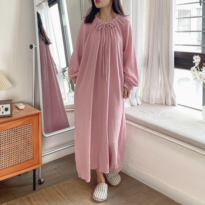 Cotton Nightgown Long Sleeve Loose Fit Sleep Dress Women Home Wear Floral Print Comfortable Lounge