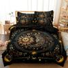 Black Dark Blue Starry Golden Sun Moon Face Print 3Pcs Duvet Cover Set, Bohemia Celestial Star Floral Ornament Print Bedding